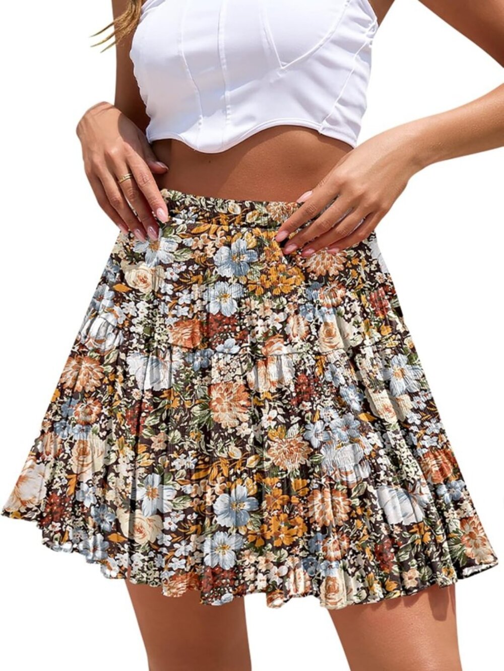 Boho Floral High Waist Mini Skirt - Flowy Chiffon Tiered Pleated Short Skirt